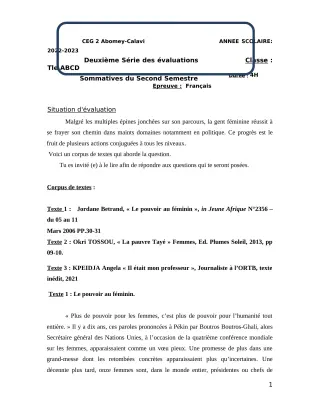 Première page de Français Tle B — 2e évaluation sommative, 2e semestre (2022-2023) · CEG2 ABOMEY - CALAVI (CEG ZOCA)