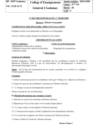 Première page de Histoire-Géographie 2nde C, 2nde D — 1er devoir surveillé, 1er semestre (2019-2020) · CEG2 Godomey
