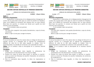 Première page de Français 5e — 2e devoir surveillé, 1er semestre (2021-2022) · CEG SEKERE