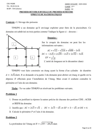 Première page de Mathématiques 3e — 1er devoir surveillé, 1er semestre (2023-2024) · CEG Yagbe