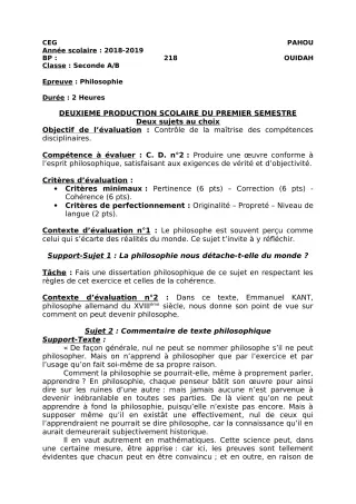 Première page de Philosophie 2nde A & B — 2e production scolaire, 1er semestre (2018-2019) · CEG PAHOU