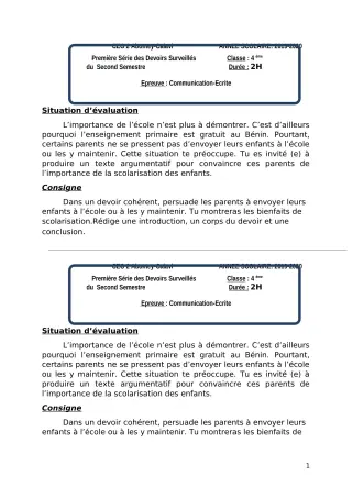 Première page de Français 4e, 4e ML — 1er devoir surveillé, 2e semestre (2019-2020) · CEG2 ABOMEY - CALAVI (CEG ZOCA)