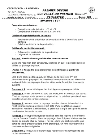Première page de SVT 4e, 4e ML — 1er devoir surveillé (2019-2020) · CPEG La Moisson