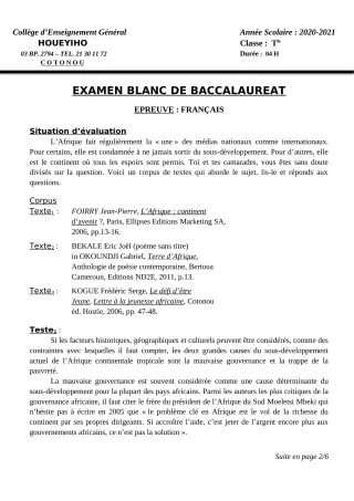 Première page de Examen Blanc de FRANCAIS — Tle A1, Tle A2, Tle B, Tle C, Tle D — CEG HOUEYIHO (2020)