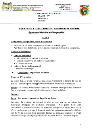 Première page de Histoire-Géographie 3e, 3e ML — 1er semestre (2020-2021) · CEG1 Abomey-Calavi