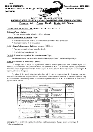 Première page de SVT Tle A1, Tle A2, Tle B — 1re évaluation sommative, 1er semestre (2019-2020) · CEG Dantokpa