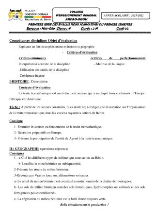 Première page de Histoire-Géographie 6e, 5e, 4e, 3e — 1re évaluation sommative, 1er semestre (2021-2022) · CEG Akpao-Ogou