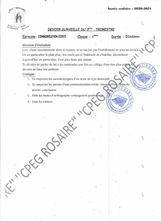 Première page de Français 5e — 1er devoir surveillé (2020-2021) · CPEG ROSAIRE