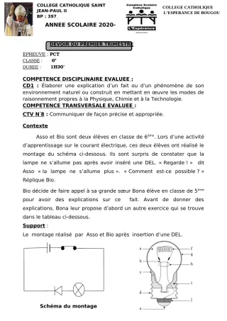 Première page de PCT 6e, 5e, 4e, 4e ML, 2nde D, 1ère A1, 1ère C, 1ère D — 1er devoir surveillé, 1er trimestre (2020-2021) · CCJPII DJOUGOU