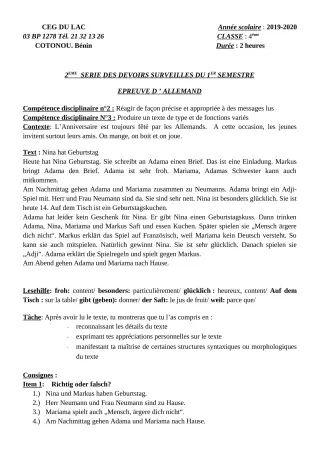 Première page de Allemand 4e ML — 2e devoir surveillé, 1er semestre (2019-2020) · CEG du Lac
