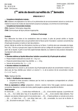 Première page de PCT 3e — 1er devoir surveillé, 1er semestre (2023-2024) · CEG Yagbe
