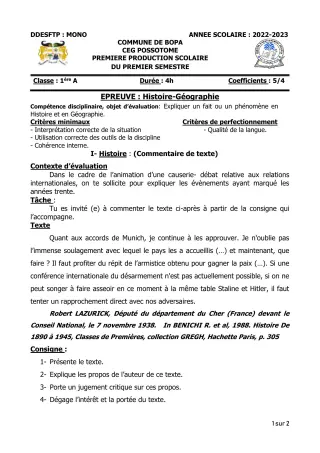 Première page de Histoire-Géographie 1ère A — 1re production scolaire, 1er semestre (2022-2023) · CEG POSSOTOME