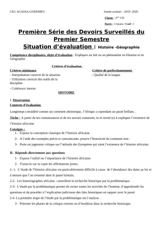 Première page de Histoire-Géographie 2nde C, 2nde D — 1er devoir surveillé, 1er semestre (2019-2020) · CEG Agassa Godomey