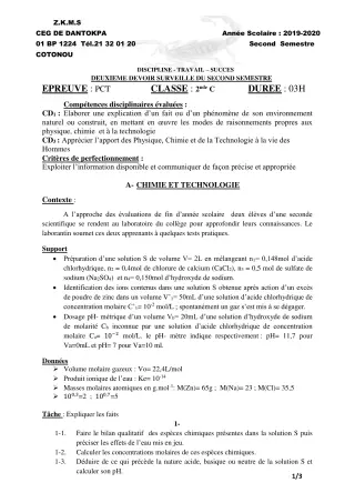 Première page de PCT 2nde C — 2e devoir surveillé, 2e semestre (2019-2020) · CEG Dantokpa
