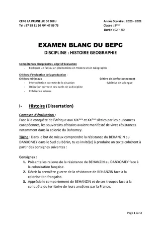 Première page de Devoir surveillé de HIST-GEO — 6e, 5e, 4e, 3e, 3e ML, 2nde B, 2nde D — CEPG La Prunelle de Dieu (2020)