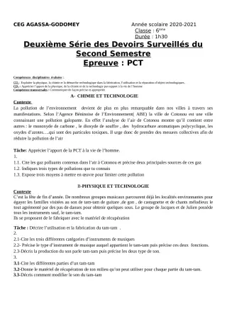 Première page de PCT 6e, 5e, 4e — 2e devoir surveillé, 2e semestre (2020-2021) · CEG Agassa Godomey