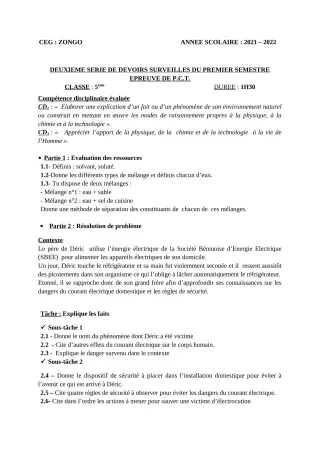 Première page de PCT 5e — 2e devoir surveillé, 1er semestre (2021-2022) · CEG ZONGO