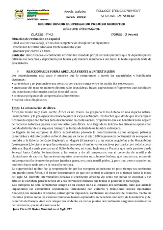 Première page de Espagnol Tle A2 — 2e devoir surveillé, 1er semestre (2021-2022) · CEG SEKERE