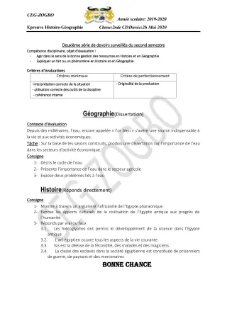 Première page de Histoire-Géographie 2nde C, 2nde D — 2e devoir surveillé, 2e semestre (2019-2020) · CEG ZOGBO