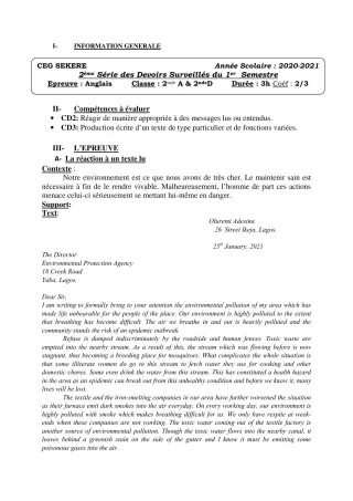 Première page de Anglais 2nde A2 — 2e devoir surveillé (2020-2021) · CEG SEKERE