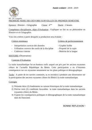 Première page de Histoire-Géographie 4e ML&MC — 1er devoir surveillé, 1er semestre (2018-2019) · CEG2 TANGUIETA