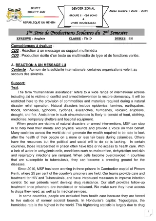 Première page de Anglais Tle D — 1re production scolaire, 2e semestre (2023-2024) · CEG GOHO