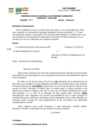 Première page de Français 4e — 1er devoir surveillé, 1er semestre (2022-2023) · CEG SEKERE