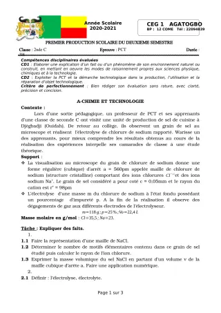 Première page de PCT 2nde C — 1re production scolaire, 2e semestre (2020-2021) · CEG 1 Agatogbo
