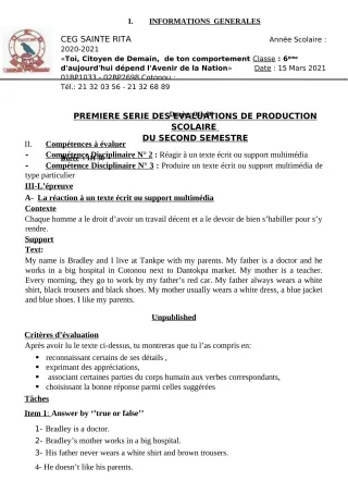 Première page de Anglais 6e, 5e, 4e ML&MC, 3e, 3e ML, 2nde A2, 2nde B, 2nde C, 2nde D, 1ère A2, 1ère B, 1ère C, 1ère D, Tle A2, Tle B, Tle C, Tle D — Production scolaire, 2e semestre (2020-2021) · CEG Sainte Rita