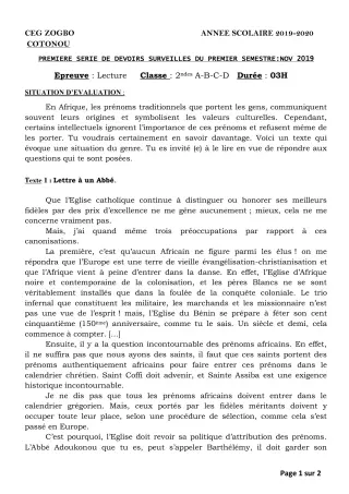 Première page de Français 2nde A, 2nde A1, 2nde A2, 2nde B, 2nde C, 2nde D — 1er devoir surveillé, 1er semestre (2019-2020) · CEG ZOGBO