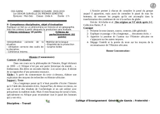 Première page de Histoire-Géographie 6e, 5e, 4e, 4e ML, 3e, 3e ML, 2nde A, 2nde D, 1ère A2, 1ère D, Tle A2, Tle D — 1er devoir surveillé, 1er semestre (2018-2019) · CEG GAMIA