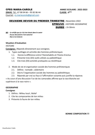 Première page de Histoire-Géographie 6e — Composition, 1er trimestre (2022-2023) · CPEG MARIA-CAROLE