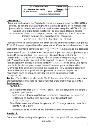 Première page de Mathématiques Tle C — 2e devoir surveillé, 2e semestre (2018-2019) · CEG2 ABOMEY - CALAVI (CEG ZOCA)