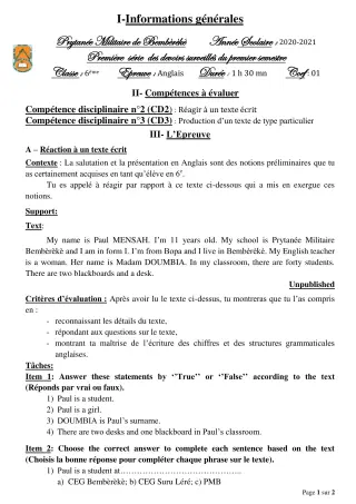 Première page de Anglais 6e — 1er devoir surveillé, 1er semestre (2020-2021) · PMB