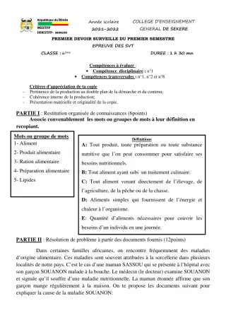 Première page de SVT 6e — 1er devoir surveillé, 1er semestre (2021-2022) · CEG SEKERE
