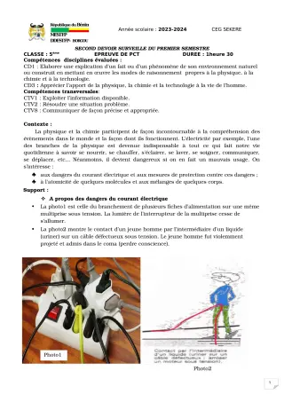 Première page de PCT 5e — 2e devoir surveillé, 1er semestre (2023-2024) · CEG SEKERE