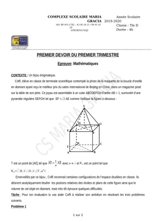 Première page de Mathématiques Tle D — 1er devoir surveillé, 1er trimestre (2019-2020) · CPEG MARIA GRACIA