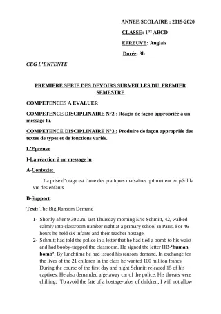 Première page de Anglais 1ère A2, 1ère B, 1ère C, 1ère D — 1er devoir surveillé, 1er semestre (2019-2020) · CEG L'Entente