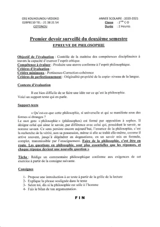 Première page de Philosophie 2nde C, 2nde D — 1er devoir surveillé, 2e semestre (2020-2021) · CEG Kouhounou-Vêdoko