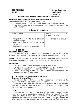 Première page de Histoire-Géographie 3e, 3e ML — 1er devoir surveillé, 1er semestre (2019-2020) · CEG AZOHOUE-ALIHO