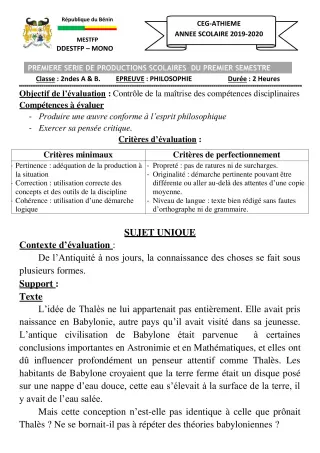 Première page de Philosophie 2nde A1, 2nde A2, 2nde B, 2nde C, 2nde D — 1re production scolaire, 1er semestre (2019-2020) · CEG ATHIEME