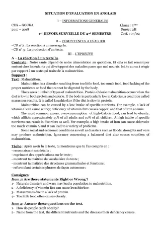 Première page de Anglais 3e, 3e ML — 1er devoir surveillé, 2e semestre (2018-2019) · CEG GOUKA