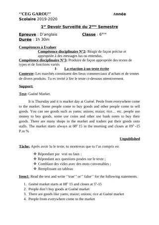 Première page de Anglais 6e — 1er devoir surveillé, 2e semestre (2019-2020) · CEG GAROU