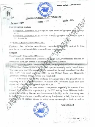 Première page de Anglais 3e, 3e ML — Devoir surveillé, 1er trimestre (2020-2021) · CPEG ROSAIRE