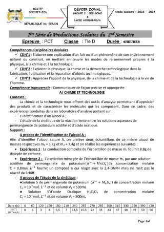 Première page de PCT Tle D — 1re production scolaire, 2e semestre (2023-2024) · CEG GOHO