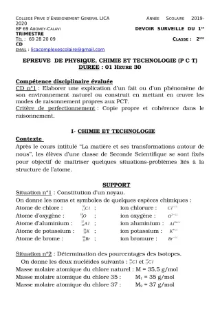 Première page de PCT 2nde C, 2nde D — Devoir surveillé, 1er trimestre (2019-2020) · CPEG LICA