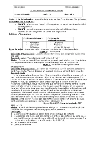 Première page de Philosophie Tle D — 1er devoir surveillé, 1er semestre (2018-2019) · CEG SEKERE