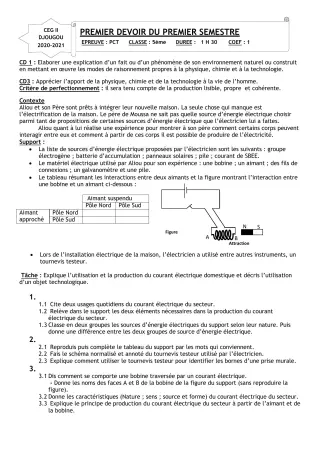 Première page de PCT 5e — 1er devoir surveillé, 1er semestre (2020-2021) · CEG 2 Djougou