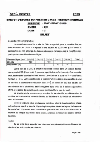 Première page de Épreuve de Mathématiques – BEPC 2025 – Bénin