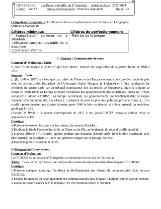 Première page de Histoire-Géographie 1ère A2 — 1er devoir surveillé, 2e semestre (2023-2024) · CEG SEKERE
